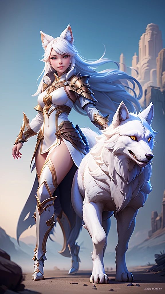 a girl in a white outfit and a wolf are walking, female anthropomorphic wolf, epic fantasy art style, fantasy art style, revealing wolf armor, wlop and rossdraws, wlop rossdraws, trending digital fantasy art, white wolf, epic fantasy art style hd, north female warrior, epic fantasy character art, by Yang J, detailed fantasy art
