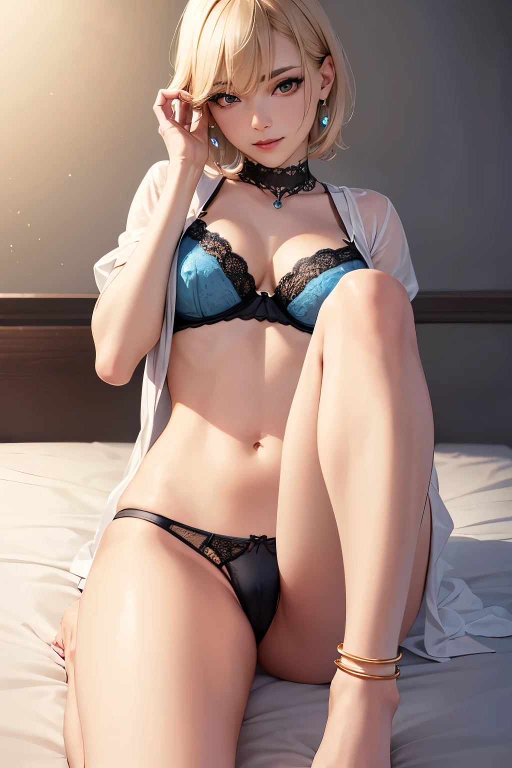 ((Highest quality, 8k, Tabletop: 1.3)), 1 girl, Japanese, 32 years old, woman, Smile, Whole Body Ezbian, Slim face, きれいなwoman, (Light blonde hair), Blue lace bra and blue lace panties: 1.3, High leg panties, 超Detailed face, Detailed eyes, double eyelid, Slim face, city, In the room, On the bed, Lying down, Beautiful bare arms, Beautiful bare legs, Ultra-fine skin, Realistic images, Detailed face, Fine hair, Detailed eyes, Detailed nose, Detailed lips, Clear images, Realistic, RAW Photos, Real People, Realistic, Portrait Photography, Wear only underwear, (8k, RAW Photos, Highest quality, Tabletop: 1.2), (Realistic, Realistic: 1.37), night, Professional Lighting, Photon Mapping, Radio City, big, See-through shirt, The tips of the nipples protrude, areola protruding,, pubic hairの形がはっきりと見える, or, a lot of lashes, Black eyeshadow, Black lips, Black high heels, pubic hair, Coarse hairs on lower abdomen, thin, The crotch is open, pubic hair very big，There is a possibility of spilling out of the bra, pubic hairが非常に突き出ている, short hair, Layered Haircut, M-shaped feet, Choker Necklace, Earrings, Bangles, anklet, thin太もも, Beautiful feet, thin股間, M-shaped feet, 青いthinストッキング, Thin underwear