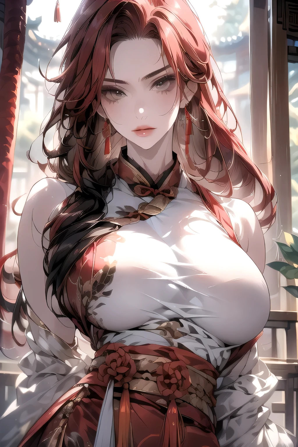 ((best quality)), ((masterpiece)), (detail:1.d, , Red hair, High Ponytail, Very large breasts, Jewelry, Red_Hanfu, Chinese Fairy, Taoist costumes, Large clothing, earrings, Shy, In the shrine, best quality,RAW 8k Photo, Realistically, (light, Moody, Textile Shading),