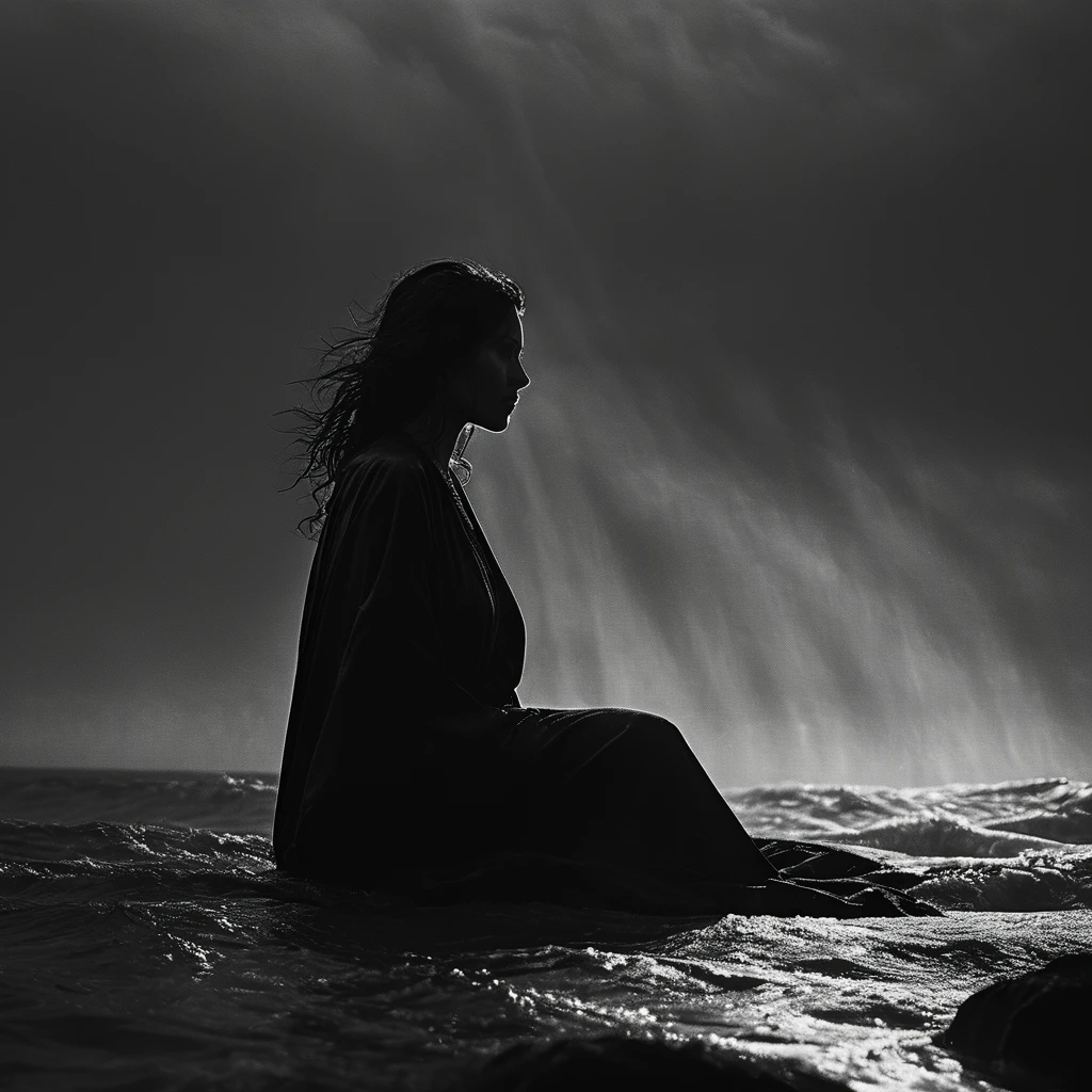 cinematic photo dark photo Center view. Black and white photo with dramatic effect. Raining. Storm. A beautiful lady in dark robe sitting crossed legs atop a rock in the middle of a sea. She is looking to the camera. Her robe and her hair are wet and soaked. The wind is strong, her black hair and her long tattered robe are fluttering in the wind direction. . The sky is dark and stormy. The sea are raging. The rain pours hard. Wave crashing to the rock she is seated on. too dark, chiaroscuro, low-key Dark Ambient Dark Fantasy. Best quality, relief, dark gothic, conceptual art, Psychedelic, post-apocalyptic, ominous, Oil painting, red and yellow blobs, thin flowing lines, Anything, Long strokes, light gentle shadows, + 36.5mm f0 cinematic quality, + Peter style Elson, Alexey Maleev, Ryohei Hase, Rafael Sanzio, Pino Daeni, Charlie Bowett, Albert Joseph Penaud, Ray Caesar, 35mm cinematic , film, bokeh,  professional, 4k, highly detailed, 35mm photograph, film, bokeh,  professional, 4k, highly detailed
