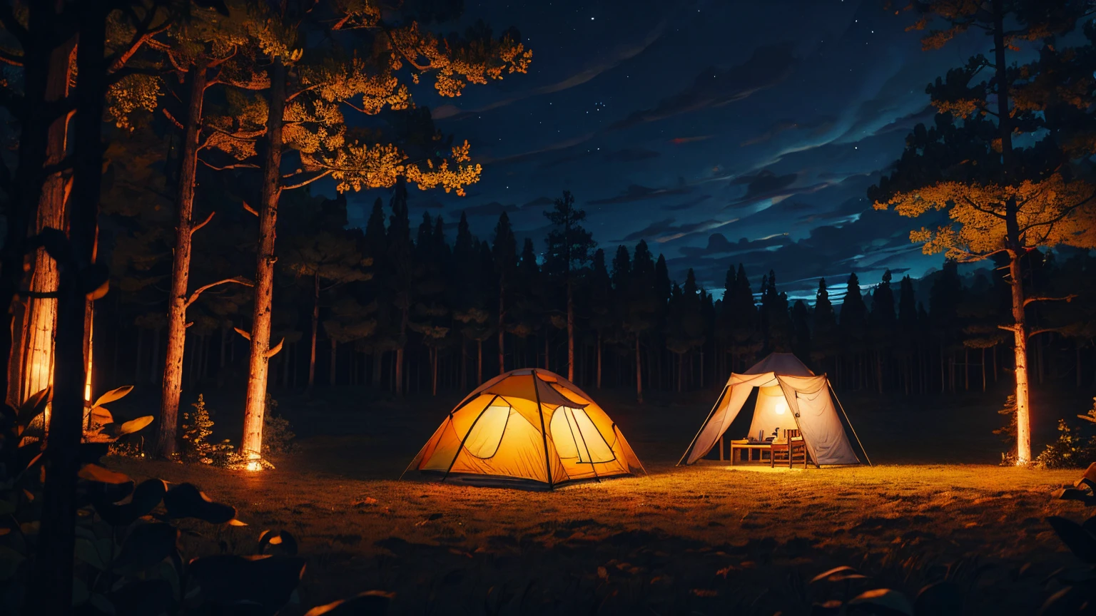 Nobody was there,Individual tent with fire pit and sun loungers,On a beautiful night,lying in the forest,There are stars in the sky