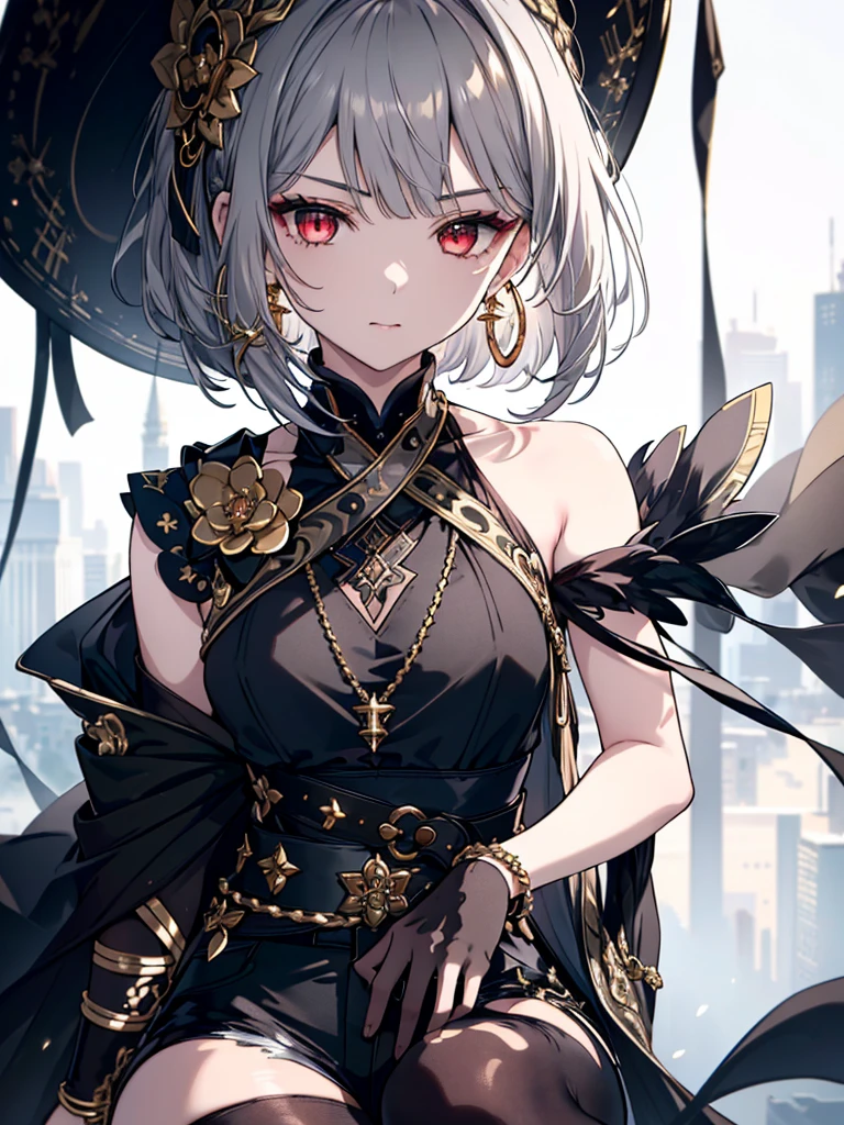adult woman, pale skin, long gray hair, gray eyes, dark blue Chinese dress, transpatent elements, golden elements, Masterpiece, best quality, Full HD, 8k, ultra details, great graphic