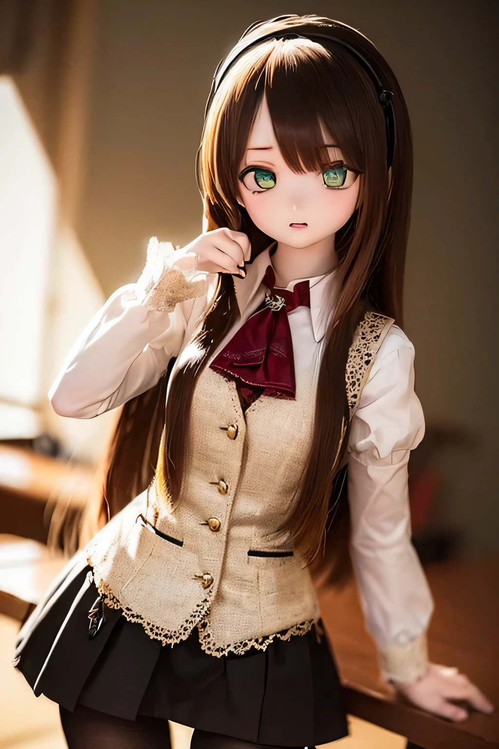 (SFW:2), photorealistic, realistic photo, 8k, ((highest quality)), ((masterpiece)), (extremely detailed), kukolnydom, doll, (mature woman, 21yo, 21 years old, solo:1.6), ((cowboy shot, contrapposto, slim, slender, skinny, medium breasts, hairband, ascot, vest, blouse, long puff sleeves, pleated skirt, black pantyhose)), (green eyes, brown hair, long hair, plastic skin, looking at another, glass eyes, gradient eyes, shining eyes, detailed eyes:1.3)