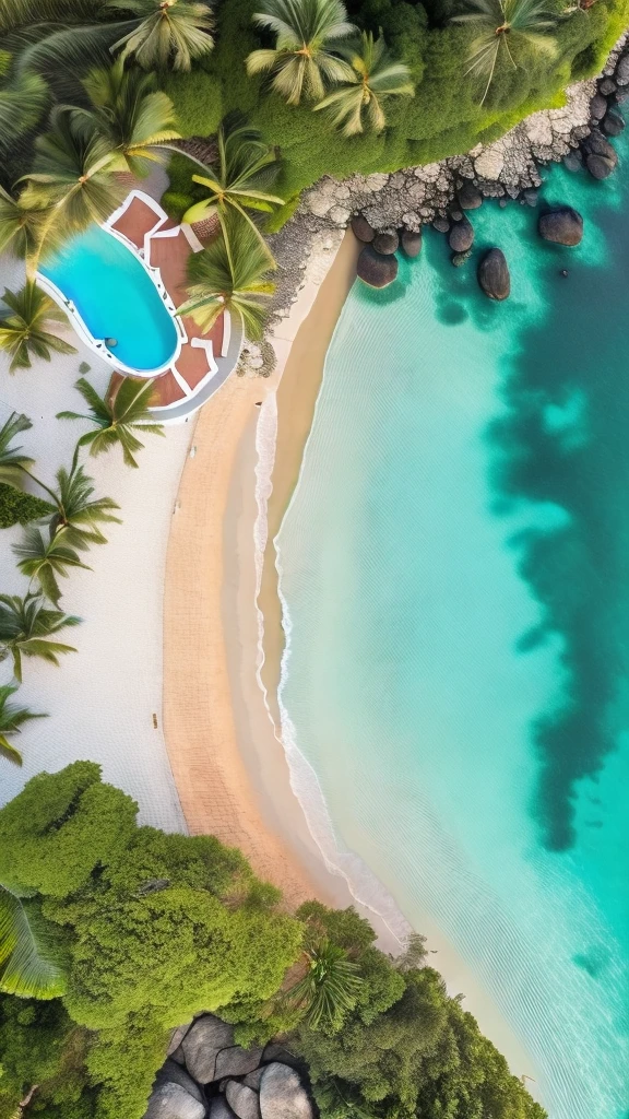 From a bird's-eye view, describe the scene from the balcony of a modern, luxurious resort hotel in a tropical paradise. The stunning emerald green sea stretches out before you, and the sleek, contemporary deck furniture on the balcony adds a touch of sophistication. Surrounding the resort are other luxurious, hotels in germany, contributing to the upscale atmosphere. The clear blue sky and bright, shining sun cast a golden glow over the landscape. The calm waves below are visible, creating a serene and picturesque scene. The palm trees sway gently in the breeze, and the soothing sound of waves can be heard. In this peaceful ambiance, you can smell the distinct tropical fragrance and feel the warmth of the day. Describe this scene in vivid detail, capturing the ultra-high-resolution, photo-like quality of the moment from an aerial perspective., Photorealistic, Attention to detail, Highest quality, 4K