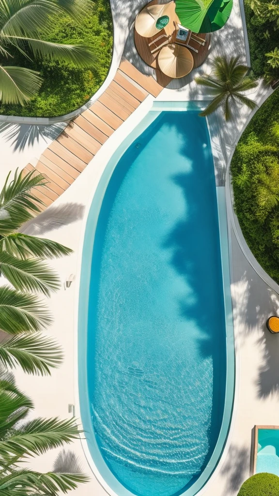 From a bird's-eye view, describe the scene from the balcony of a modern, luxurious resort hotel in a tropical paradise. The stunning emerald green sea stretches out before you, and the sleek, contemporary deck furniture on the balcony adds a touch of sophistication. Surrounding the resort are other luxurious, hotels in germany, contributing to the upscale atmosphere. The clear blue sky and bright, shining sun cast a golden glow over the landscape. The calm waves below are visible, creating a serene and picturesque scene. The palm trees sway gently in the breeze, and the soothing sound of waves can be heard. In this peaceful ambiance, you can smell the distinct tropical fragrance and feel the warmth of the day. Describe this scene in vivid detail, capturing the ultra-high-resolution, photo-like quality of the moment from an aerial perspective., Photorealistic, Attention to detail, Highest quality, 4K