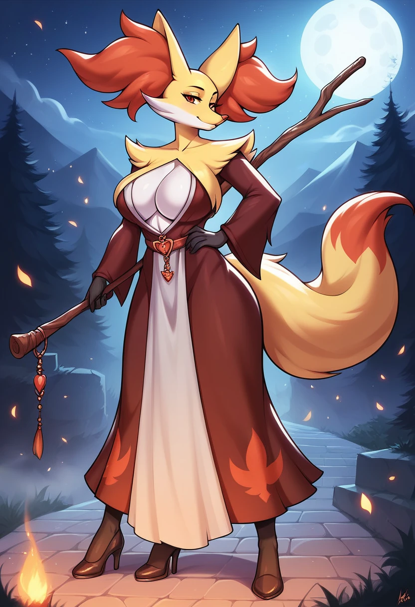 (ultra detailed), a beautiful and detailed full size portrait of a female anthro Delphox, pokemon, Delphox tail, bedroom eyes, close up view, cinematic shot, red eyes, detailed eyes, big body goddess, kenket, Ross Tran,ruan jia, trending on artstation,foxovh, cenematic lighting, big breasts, big  (((witch clothes))), full body, standing , feets, pose, ((((seductive, sexy pose))), fog, medieval place, night, smile,, detailed background, one stick with fire on top of the stick
