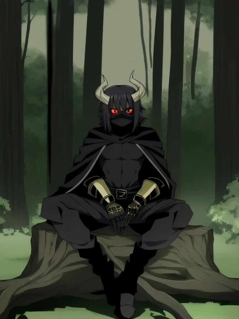 black hair, emotioneless,excorsist hunter,hunts souls , is apart from the great 5, black armor, black mask , black cape , powers , shadow powers , sitting on a log , watching , forest , has a gauntlet . Boy , anime , demon slayer ,