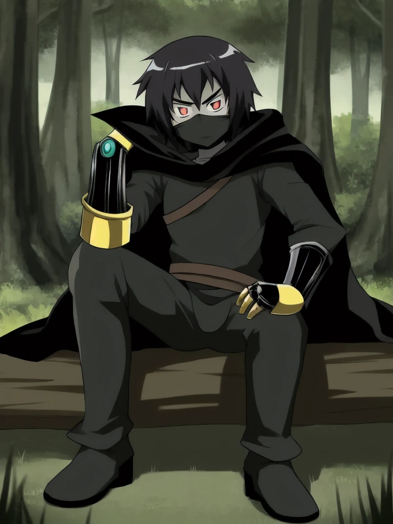 black hair, emotioneless,excorsist hunter,hunts souls , is apart from the great 5, black armor, black mask , black cape , powers , shadow powers , sitting on a log , watching , forest , has a gauntlet . Boy , anime , demon slayer ,