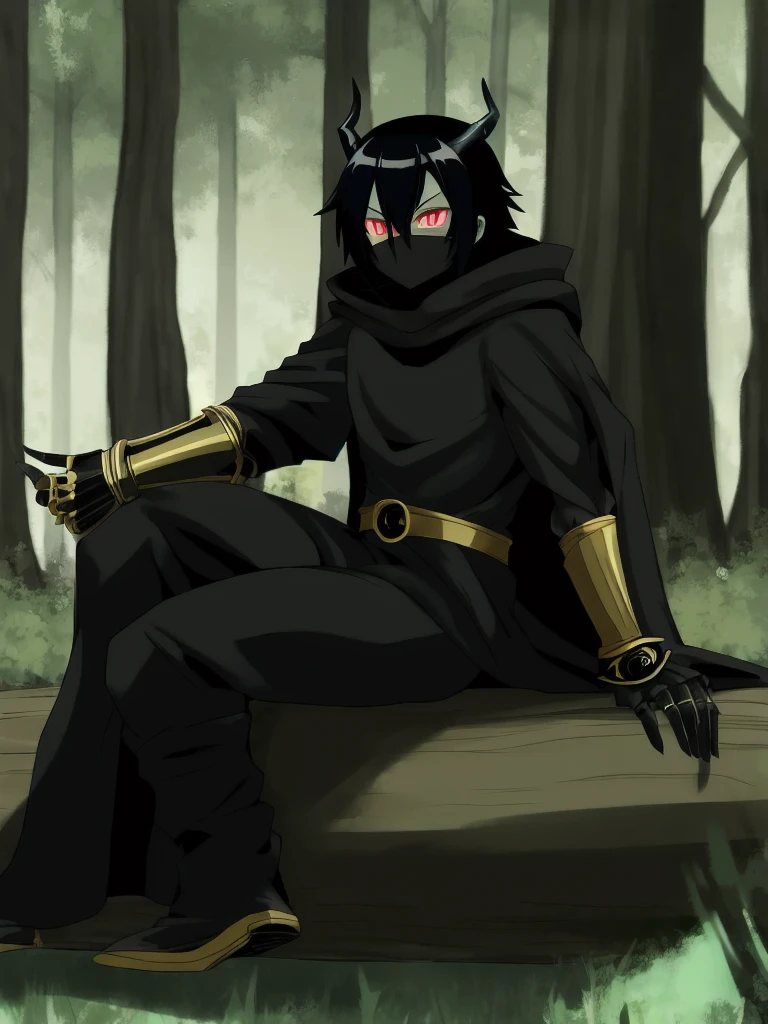 black hair, emotioneless,excorsist hunter,hunts souls , is apart from the great 5, black armor, black mask , black cape , powers , shadow powers , sitting on a log , watching , forest , has a gauntlet . Boy , anime , demon slayer ,