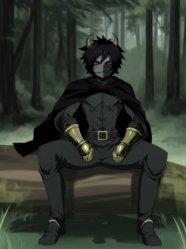 black hair, emotioneless,excorsist hunter,hunts souls , is apart from the great 5, black armor, black mask , black cape , powers , shadow powers , sitting on a log , watching , forest , has a gauntlet . Boy , anime , demon slayer ,