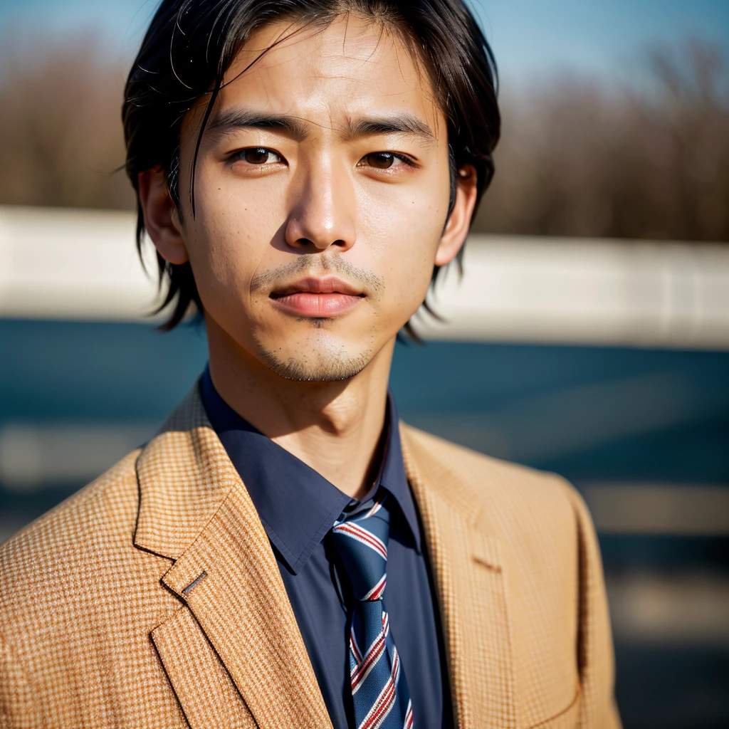 solo, World Press Photo Award, (Award-winning photo: 1.3), (But in Japan, Beautiful Face, Young people, Japan skin color, Characteristics of Japanese men: 1.0), (Very clear photos: 1.1), (8k, born Photos, Highest quality: 1.3), (Realistic, Realistic, Navy blue check tie, suit: 1.1), challenging, moving, bring up ( Typical modern American man in the beautiful outdoors: 1.5), Analog Style (Show Viewer: 1.2) (Skin Texture) (Film Grain: 1.3), (Warm colors, Warm tones: 1.2), close, Cinematic Light, Side light, Ultra-high resolution, Best Shadow, born, Upper Body, Micro Geometry, Skin elasticity, Scattering of light through hair, Ambient Occlusion, Multi-layered Skin Shading, Facial muscle simulation, Rendering the iris and pupil, Advanced Color Grading