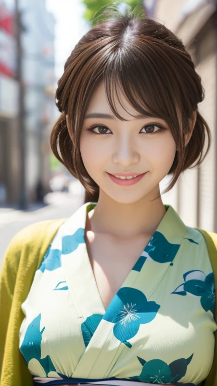 Looking into the camera, ((A big bust that seems to burst :1)), (((Highest quality, 8k, masterpiece))), Sharp focus, (Beautiful woman with perfect figure), (Hairstyle: Light brown hair, good)), ((Wear yukata: green)), street: 1.2 非常に詳細な顔と肌の質感 詳細な目 double eyelid ランダムなポーズ, (smile),Excellent cute Japanese,Beautiful Japanese girls, Realistic Face, double eyelid,smile, Beautiful Teeth