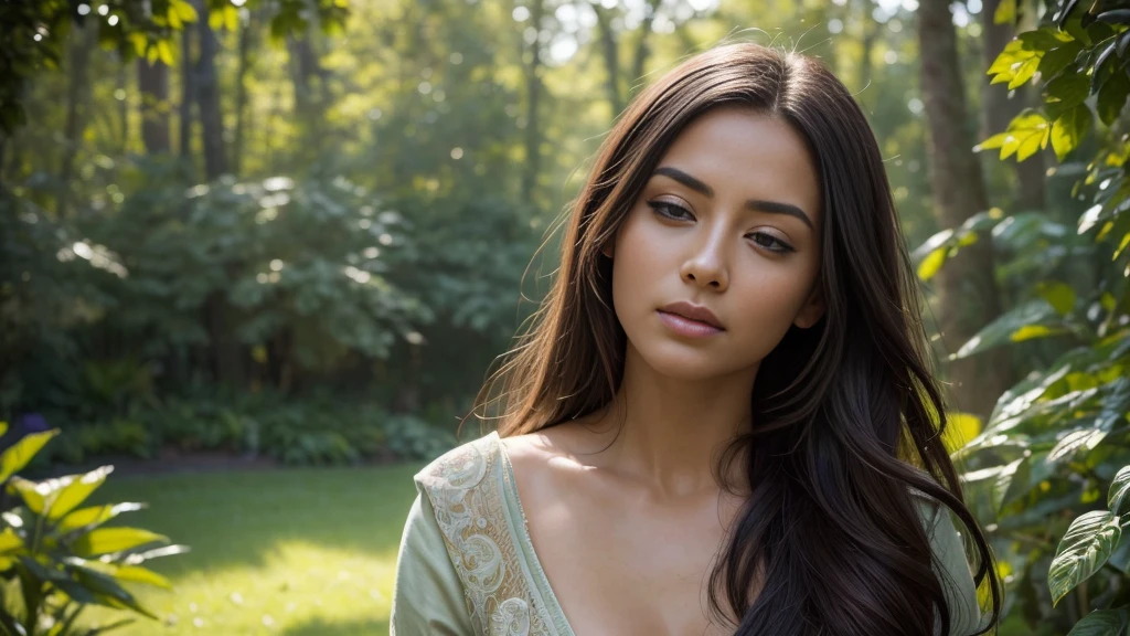 a beautiful woman with serene expression, forgiving look, long flowing hair, soft skin, detailed facial features, elegant dress, graceful pose, tranquil garden setting, lush greenery, sunlight filtering through trees, sense of peace and redemption, photorealistic, highly detailed, vibrant colors, dramatic lighting, intricate textures, masterpiece, (best quality, 8k, highres, ultra-detailed, realistic, photorealistic:1.37), cinematic, emotional, spiritual, (forgiving, redemption, guilt, inner peace:1.2)
