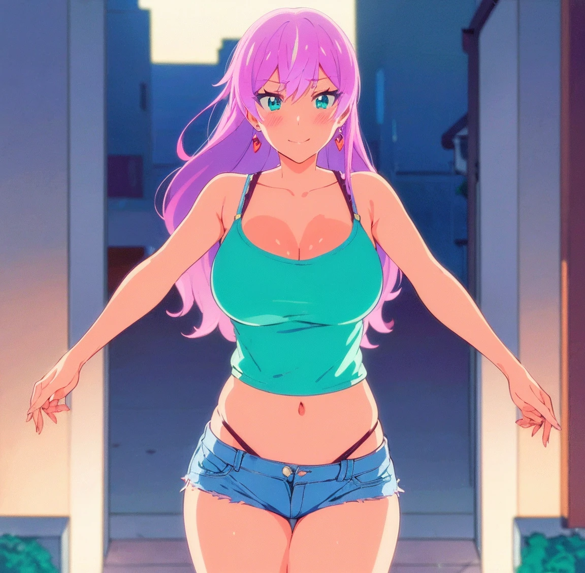 ((1girl)),((alone)), akari watanabe,(masterpiece), (best quality), (ultra detailed), (best illustration), (best shadow), (absurdities), sharp focus, cowboy photo , looking at viewer, big breasts, narrow waist, wide hips, medium thighs, round butt, dynamic posture, long hair, pink hair, blue eyes, , jewelry, earrings, tight tank top, aqua green shirt, bare shoulders, bare arms, cleavage, waist, navel, denim shorts, blue shorts, bare legs, smiling, playful look, seductive smile, closed mouth, expression serious, (sexy pose: 1.2), ((solo)), standing: 1.3, outdoor, ((night)), cityscape, city, streets, city lights, looking back, from behind, ((focus in the ass), point of view (from below), red blush, perfect anatomy, perfect hands.