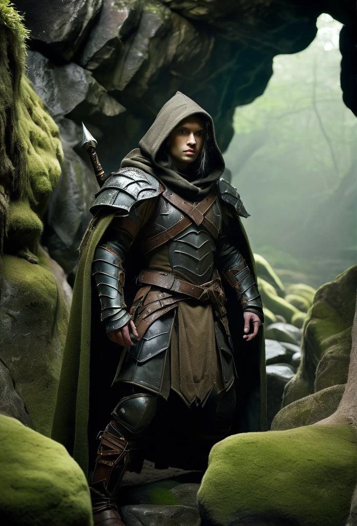 a warrior in leather armor and hooded cloak, standing in front of a mossy rocky cave entrance, detailed facial features, dynamic pose, cinematic lighting, gritty fantasy realism, muted earthy colors, dramatic atmosphere, chiaroscuro lighting, depth of field, volumetric lighting, intricate details, high quality, photorealistic