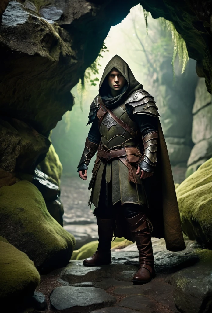 a warrior in leather armor and hooded cloak, standing in front of a mossy rocky cave entrance, detailed facial features, dynamic pose, cinematic lighting, gritty fantasy realism, muted earthy colors, dramatic atmosphere, chiaroscuro lighting, depth of field, volumetric lighting, intricate details, high quality, photorealistic