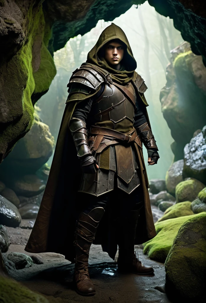 a warrior in leather armor and hooded cloak, standing in front of a mossy rocky cave entrance, detailed facial features, dynamic pose, cinematic lighting, gritty fantasy realism, muted earthy colors, dramatic atmosphere, chiaroscuro lighting, depth of field, volumetric lighting, intricate details, high quality, photorealistic