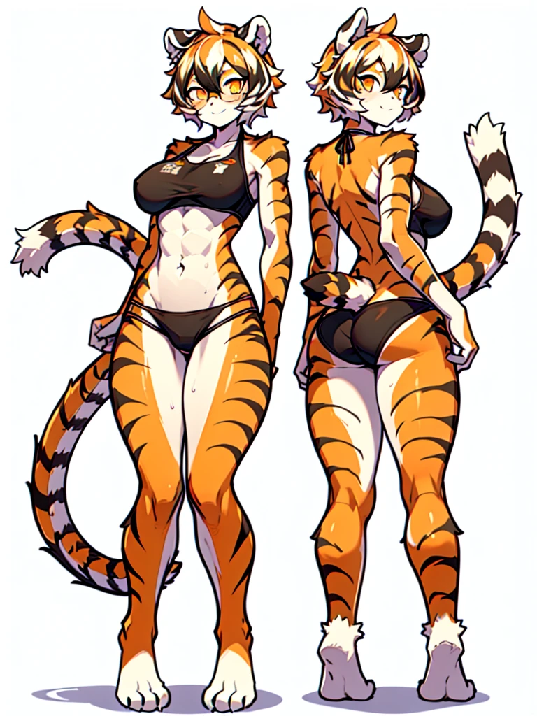 front and back,white background, full body, Standing:1.5, Crotch cloth and bikini bra,animal ears, white hair, black hair, short hair, large breasts, tiger skin,Abdominal muscles, tail, orange eyes, orange hair, multicolored hair, tiger girl, hair between eyes, tiger_ears, tiger_tail, orange-tinted_eyewear, tinted_eyewear, big breasts, evil smile, Shadows under feet, sey ass,