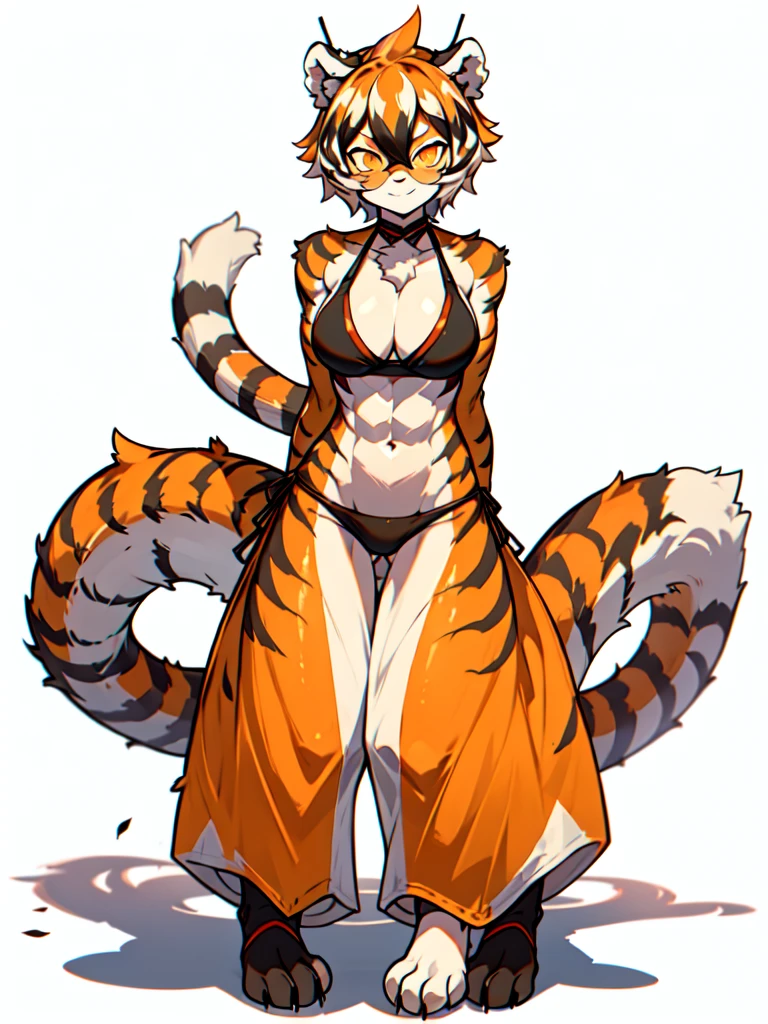 front and back,white background, full body, Standing:1.5, Crotch cloth and bikini bra,animal ears, white hair, black hair, short hair, large breasts, tiger skin，Abdominal muscles, tail, orange eyes, orange hair, multicolored hair, tiger girl, hair between eyes, tiger_ears, tiger_tail, orange-tinted_eyewear, tinted_eyewear, big breasts, evil smile, Shadows under feet, sey ass,