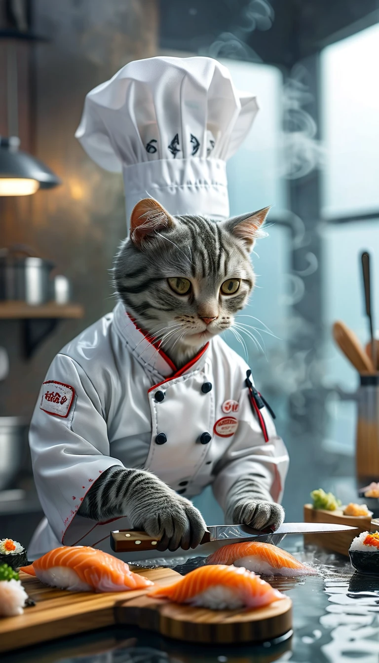 Close-up photo (Gray sushi chef tabby cat:1.2) (Cutting fish with a knife on the table:1.2), (method:1.3), Glasstech Kitchen, Ultra-realistic, Intricate details, (Foggy:1.1), View from below