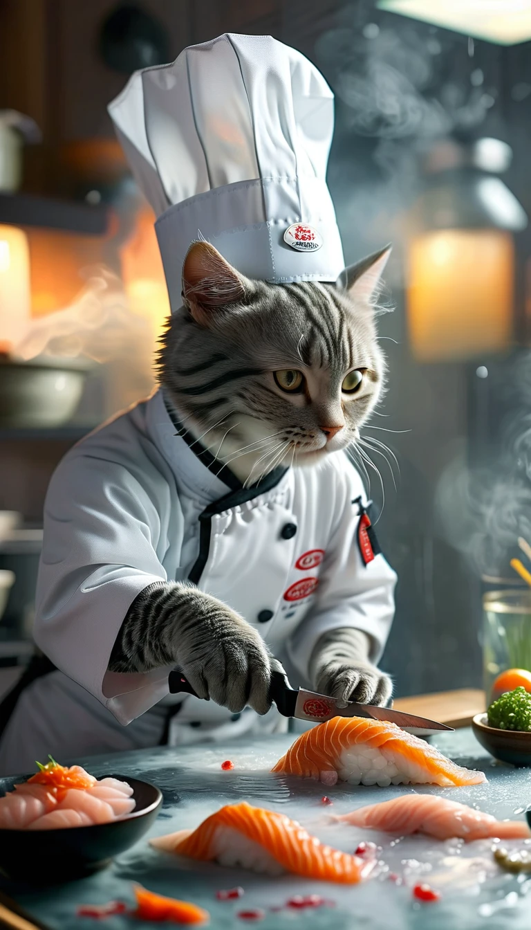 Close-up photo (Gray sushi chef tabby cat:1.2) (Cutting fish with a knife on the table:1.2), (method:1.3), Glasstech Kitchen, Ultra-realistic, Intricate details, (Foggy:1.1), View from below