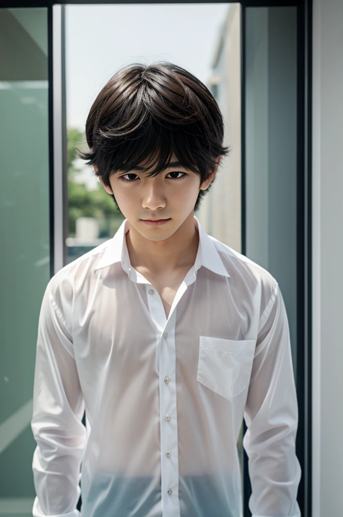 Wearing a shirt、A short man with a messy hairstyle and wide eyes