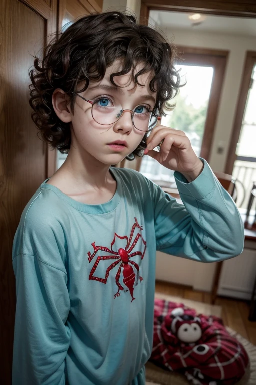 Raise a 7 year old white boy, very curly hair, greeneyes, blue glasses, red and blue spider web pajamas