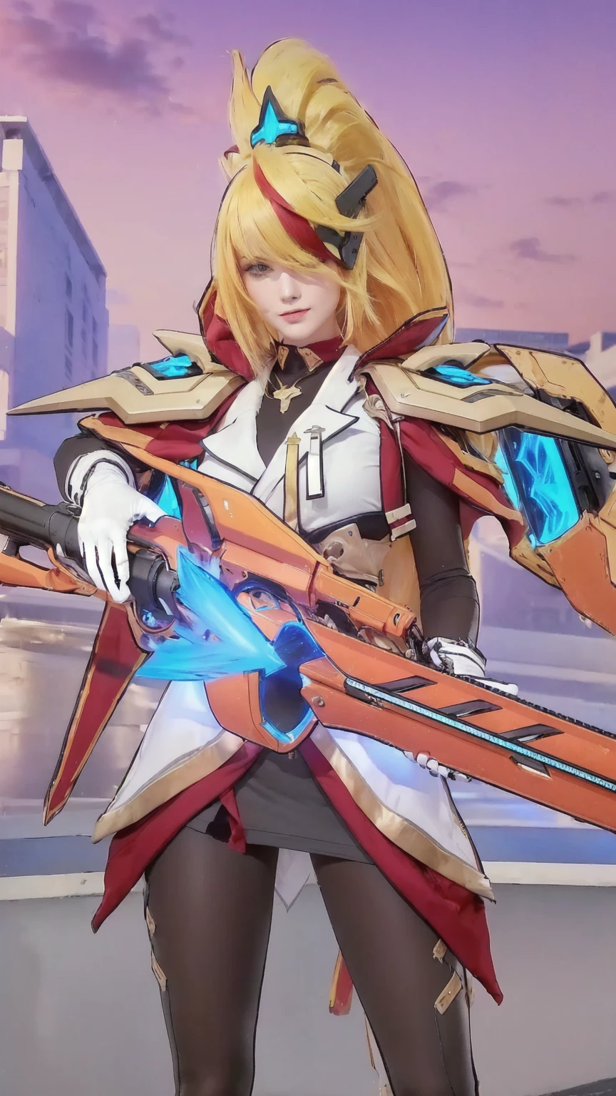 a beautiful woman with yellow hair holding a weapon and white clothes mixed with yellow