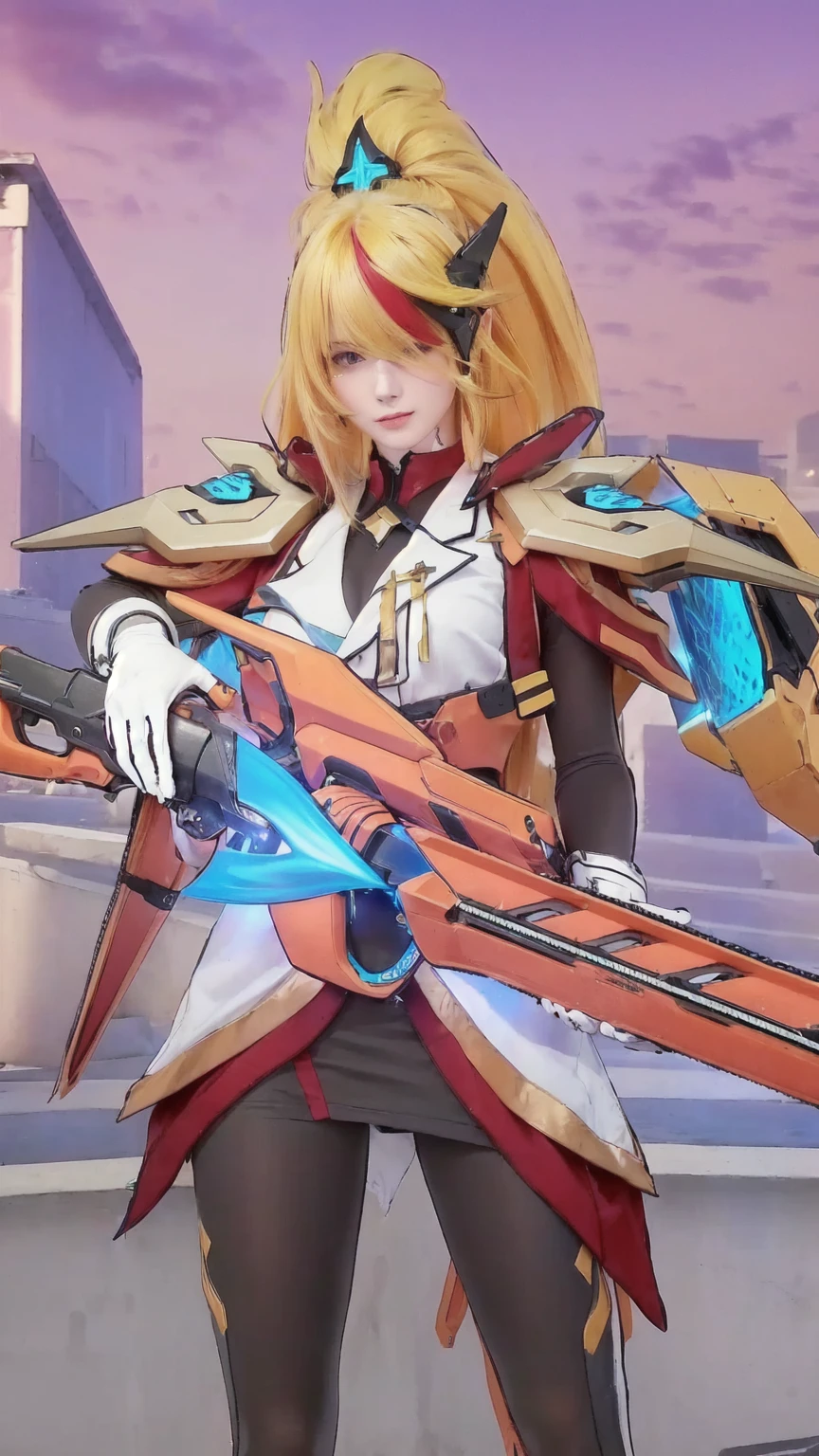 a beautiful woman with yellow hair holding a weapon and white clothes mixed with yellow