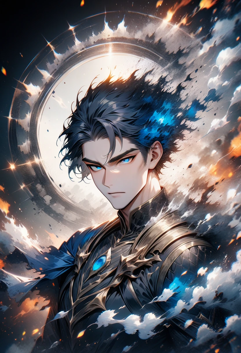 ultra detailed,Man, handsome,with black hair,analog photography,8K, high definition resolution, High resolution,super detailed,(Masterpiece: 1.4),white flame,concentric circles,blue pupils