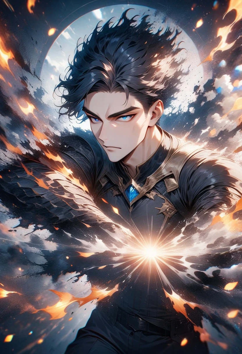 ultra detailed,Man, handsome,with black hair,analog photography,8K, high definition resolution, High resolution,super detailed,(Masterpiece: 1.4),white flame,concentric circles,blue pupils