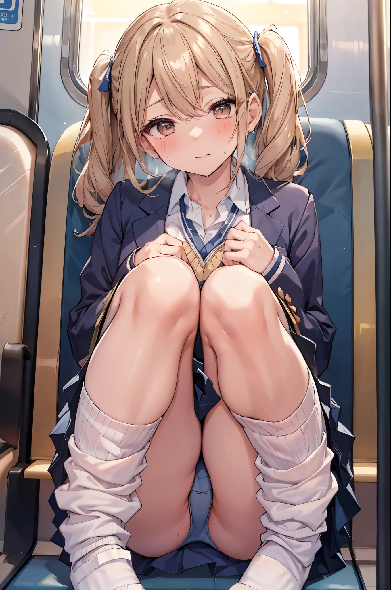 A high school girl in uniform sitting on a train,Browsing Caution,4K,Gal:1.3,Anatomically correct,school uniform:1.3,A pure and innocent girl, Very cute face, Like an idol, (masterpiece:1.2), (high quality), panties, loose socks, Hip, Blue Skirt, alone, Blazer Type, loose socks,  M-shaped legs, Brown eyes, pure gaze, mini skirt, Lift yourself up, Check skirt, blush,((Center of chest)), (Sweating profusely), Long Hair, physical education, Beautiful feet, ((in the train)) 