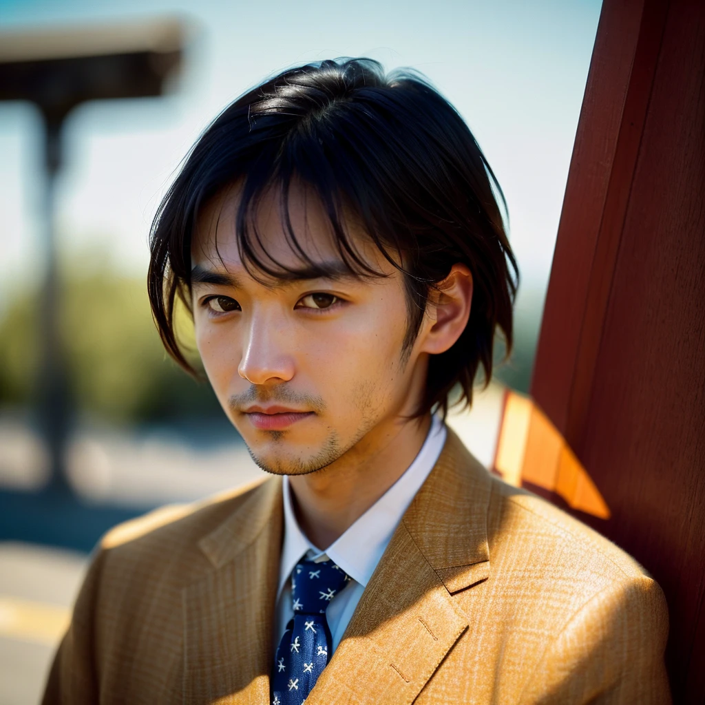 solo, World Press Photo Award, (Award-winning photo: 1.3), (But in Japan, Beautiful Face, Young people, Japan skin color, Characteristics of Japanese men: 1.0), (Very clear photos: 1.1), (8k, born Photos, Highest quality: 1.3), (Realistic, Realistic, Navy blue check tie, suit: 1.1), challenging, moving, bring up ( Typical modern American man in the beautiful outdoors: 1.5), Analog Style (Show Viewer: 1.2) (Skin Texture) (Film Grain: 1.3), (Warm colors, Warm tones: 1.2), close, Cinematic Light, Side light, Ultra-high resolution, Best Shadow, born, Upper Body, Micro Geometry, Skin elasticity, Scattering of light through hair, Ambient Occlusion, Multi-layered Skin Shading, Facial muscle simulation, Rendering the iris and pupil, Advanced Color Grading