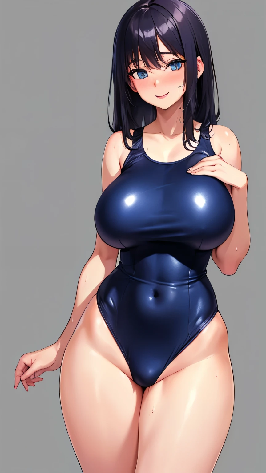 Anime Girls, (masterpiece, highest quality, 8K ultra-high resolution:1.4), gleaming skin, beautiful detailed eyes, ultra-detailed, cowboy shot
1girl. solo, mature, adult, milf, facing viewer, 
looking at viewer,
smile, horny, sweat, nervous, 
((school swimsuit)), Highly detailed glossy skin, Dark blue one-piece swimsuit, (Swimsuit with wet and shiny details: 1.2), big butts, thick thighs,
Gigantic Sagging Breasts, grey background, simple background, 