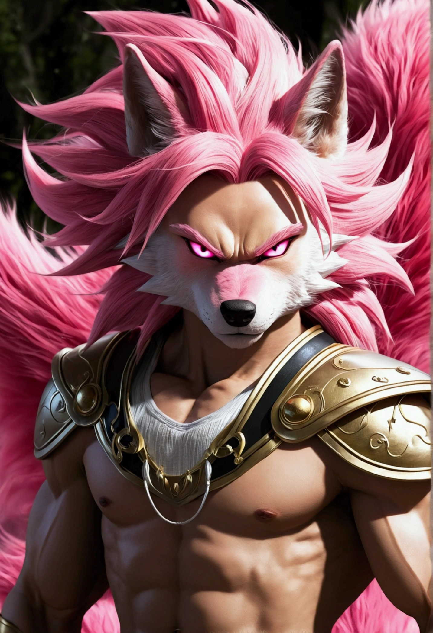 Super saiyan a wolf, 1boy, ((super saiyan)), ((pink fur)), ((fluffy tail)), red eyes