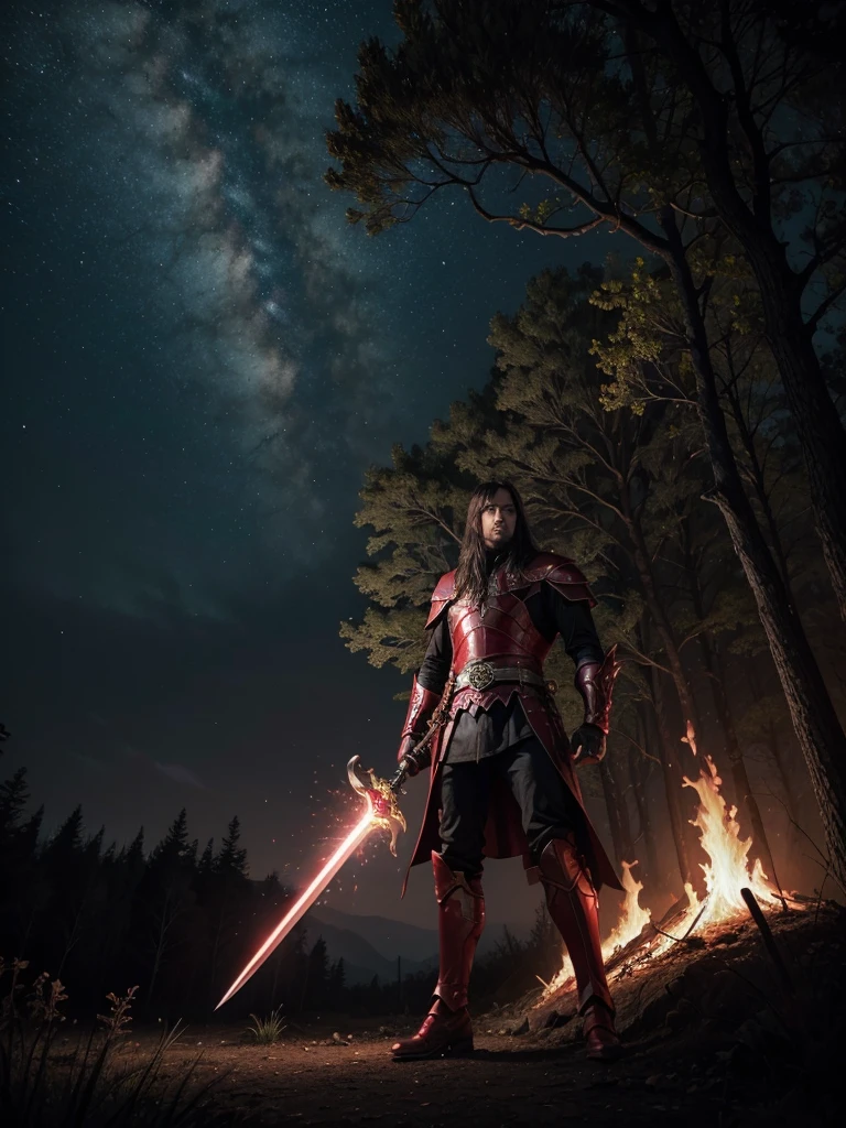 caballero oscuro encapuchado sin cuernos  en un bosque red siniestro.  alone with sky fire opening mutating, wielding great sword. red. good heavens, turn