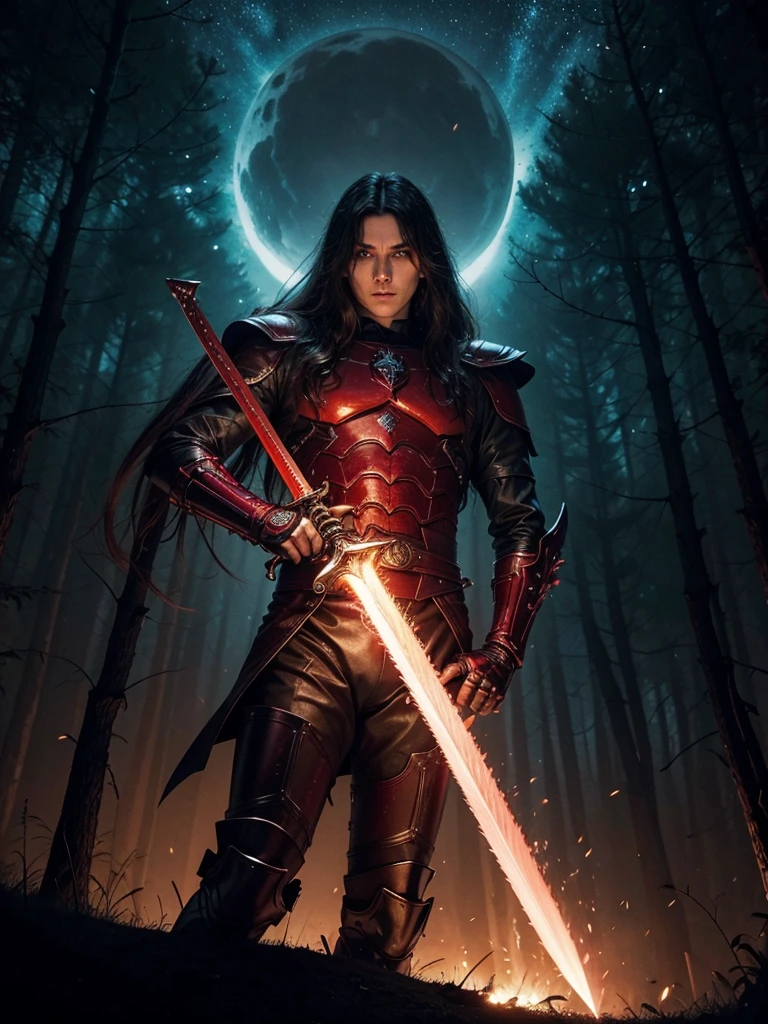 caballero oscuro encapuchado sin cuernos  en un bosque red siniestro.  alone with sky fire opening mutating, wielding great sword. red. good heavens, turn