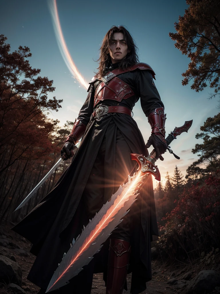 caballero oscuro encapuchado sin cuernos  en un bosque red siniestro.  alone with sky fire opening mutating, wielding great sword. red. good heavens, turn