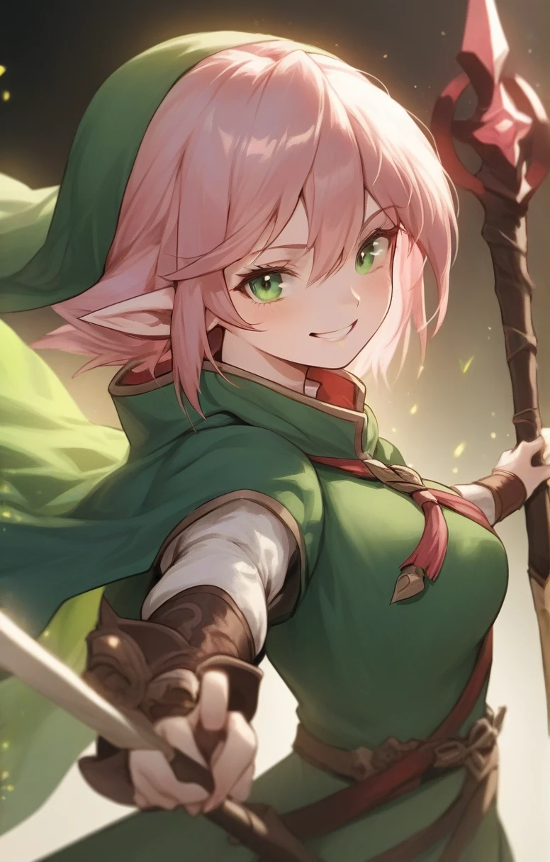elf, woman, dnd, pink hair, adventurer, green cloak, elegant, wield staff, green eye, sun light, bust shot, serious smile, flat chest