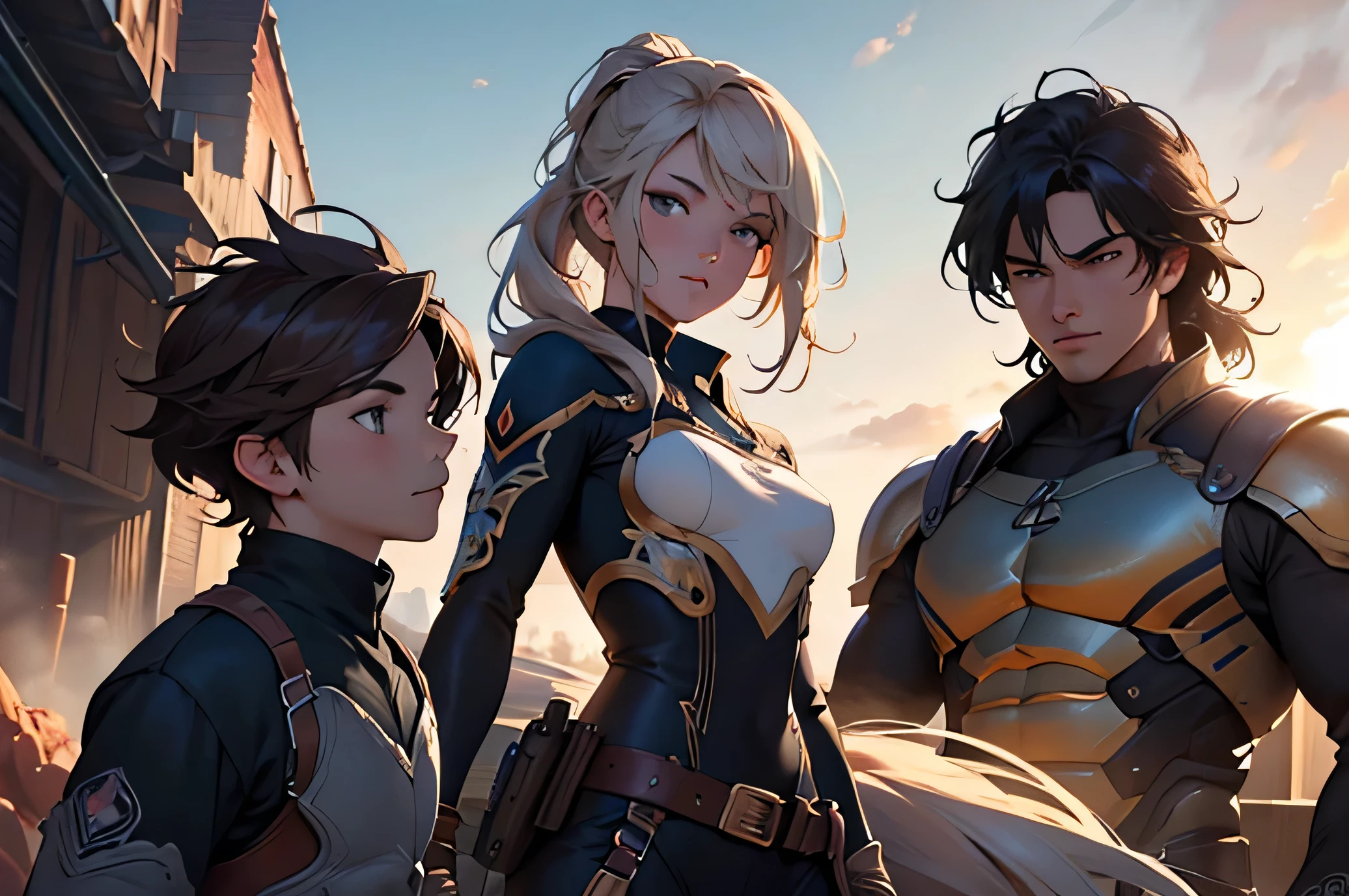 Unity 8K wallpaper, Anatomically correct, (((masterpiece))), (((best quality))), (((Extremely detailed))), (((high resolution))), ((Super beautiful illustrations)), ((Ultimate cuteness)), Shiny hair, Cowboy shooting, 1 girl, 4boys, stand,