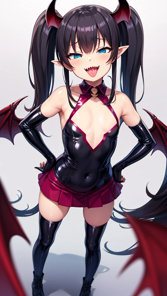 tachi-e, game cg, Highly detailed and realistic CG, Colorful, Masterpiece, Best Quality, jewel-like eyes, 1girl, solo, black hair, shiny hair, long straight hair, very long twintails, slender, skinny legs, succubus girl,succubus luxury dress, mini skirt, succubus boots, aqua blue eyes, flat chest, black elbow gloves, latex, smirk, smile, jitome, half-closed eyes, tsurime, simple background, from pov, best quality eyes, sharp teeth, tsundere, standing, contrapposto, hand on hip, (shiny skin:1.0), succubus wings, succubus tail, mesugaki, teasing, smug, cute girl, , open mouth, fangs, tongue out, pointy ears, pink heart tattoo, (Sharp Focus:1.2), Thin arms, Thin legs, outline, Evil Female Executive Succubus,