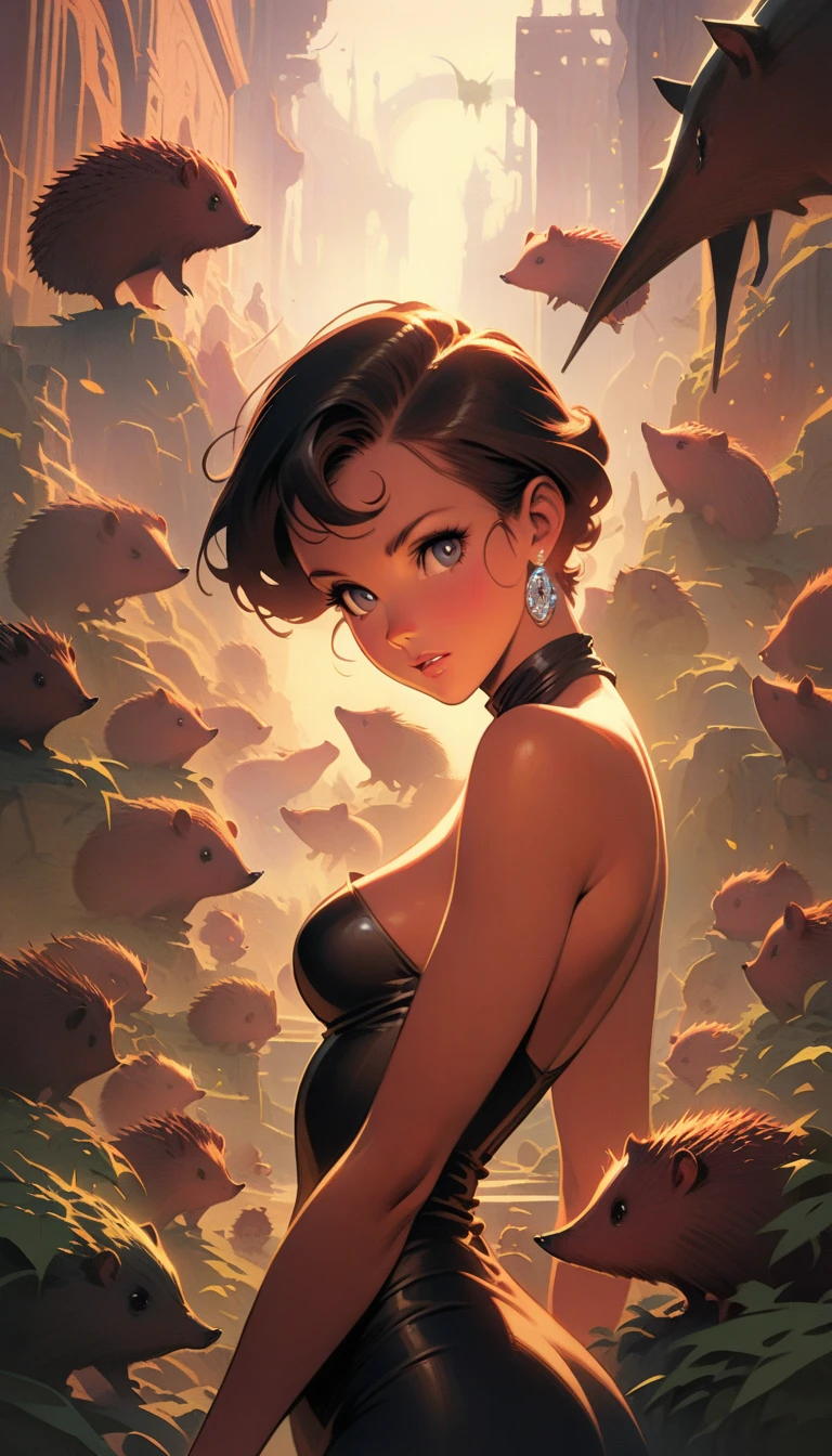 ((best quality)) , ((masterpiece)) , (detailed),illustration art by Dave Stevens and Lillian Bassman, Graceful (Man:1.2) , Multicolor hair styled as Caesar cut, Comic books, graphic novels, retro style, pin-up art, Fashion and art,elegant and sophisticated, innovative use of light and shadow, capturing the glamour of mid-20th century fashion, portrait art by Mary Cassatt, glossy, ambient, Complex, full color, fine artistic composition, enchanted,(((Lots of hedgehogs)))