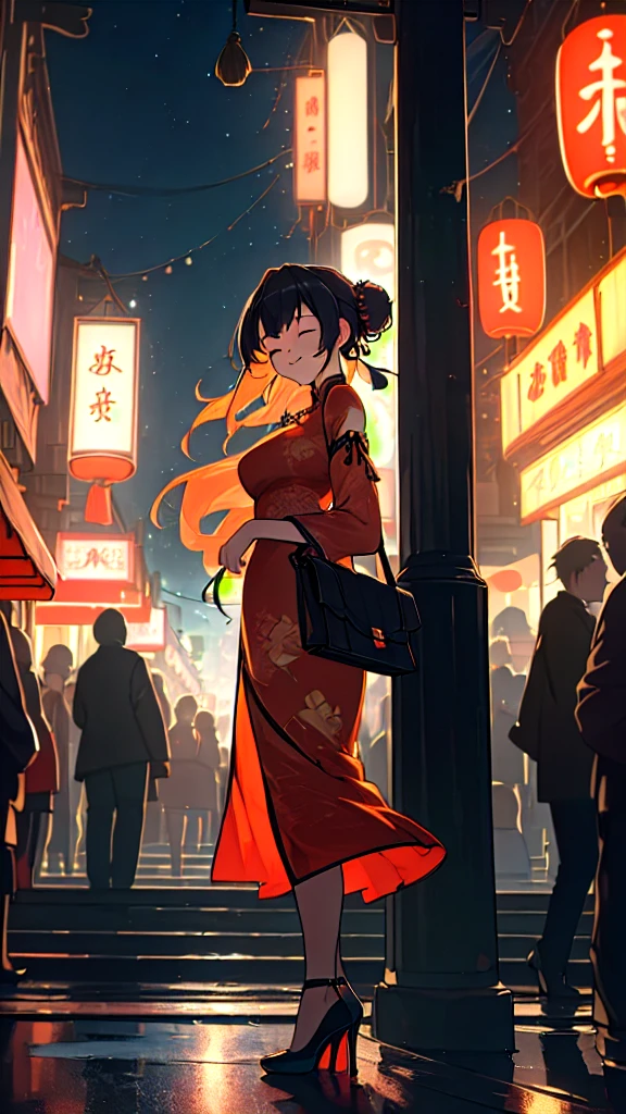 (best quality,8k,highres, masterpiece:1.2), (anime style),ultra-detailed, HDR, UHD, studio lighting, ultra-fine painting, sharp focus, physically-based rendering, extreme detail description, professional, vivid colors, bokeh, portraits, concept artists, warm color palette, dramatic lighting,Summer festival night,1 beautiful woman,(no sleeves China dress),updo, big smile, closed eyes, (The cityscape lined with the fairs of summer festivals),(beautiful hair, glowing skin,),(Silhouette of a passing crowd),(anime style),(high heels with straps),Holding a Hermès Kelly Bag