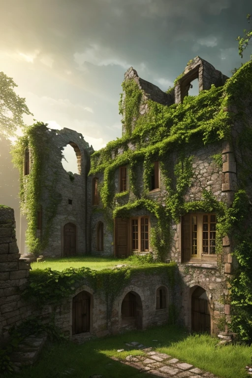 a medieval house in ruins, crumbling stone walls, overgrown vegetation, shafts of sunlight, detailed architectural features, dramatic lighting, moody atmosphere, cinematic composition, photorealistic, 8k, intricate details, masterpiece
