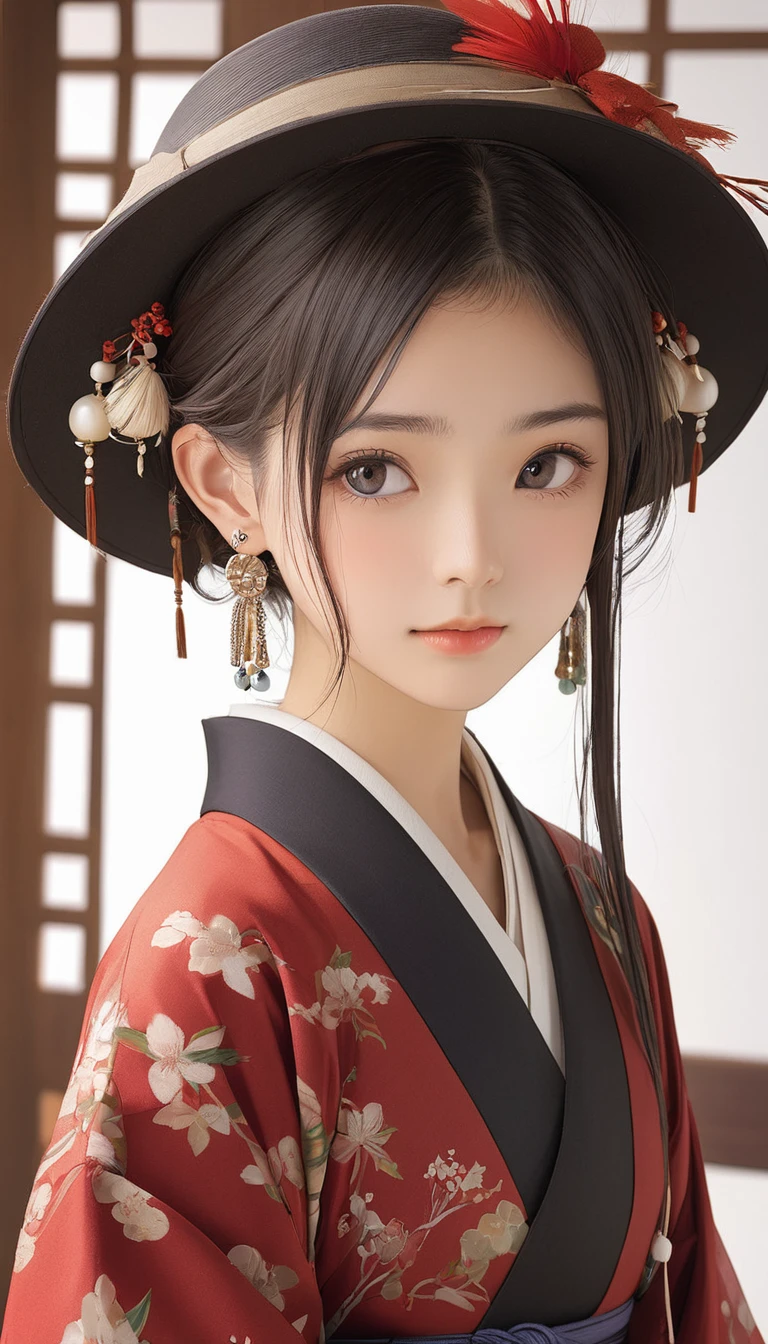 (masterpiece, Highest quality:1.2), One girl, alone,bony body、15 years old、hat、Earrings、Taisho period