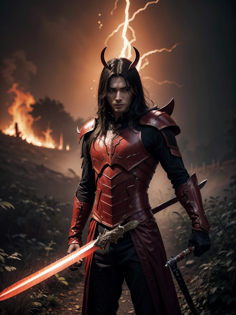 caballero oscuro encapuchado sin cuernos en un bosque red siniestro. alone with sky fire opening mutating, wielding great sword. red. good heavens, turn