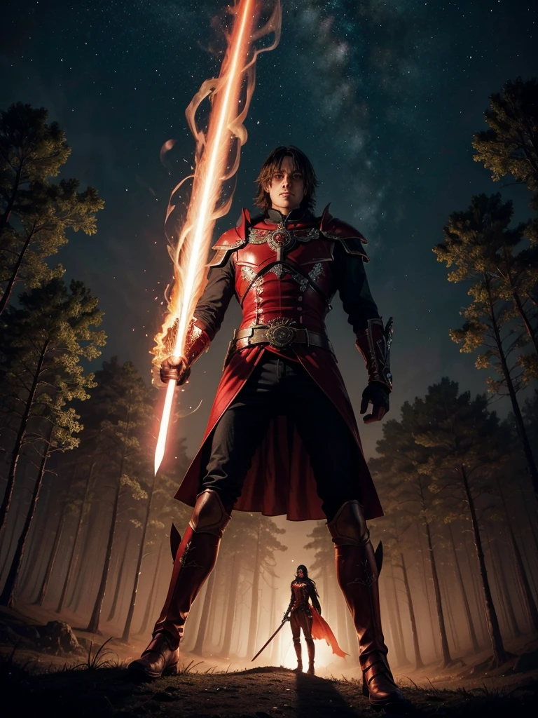 caballero oscuro encapuchado sin cuernos en un bosque red siniestro. alone with sky fire opening mutating, wielding great sword. red. good heavens, turn