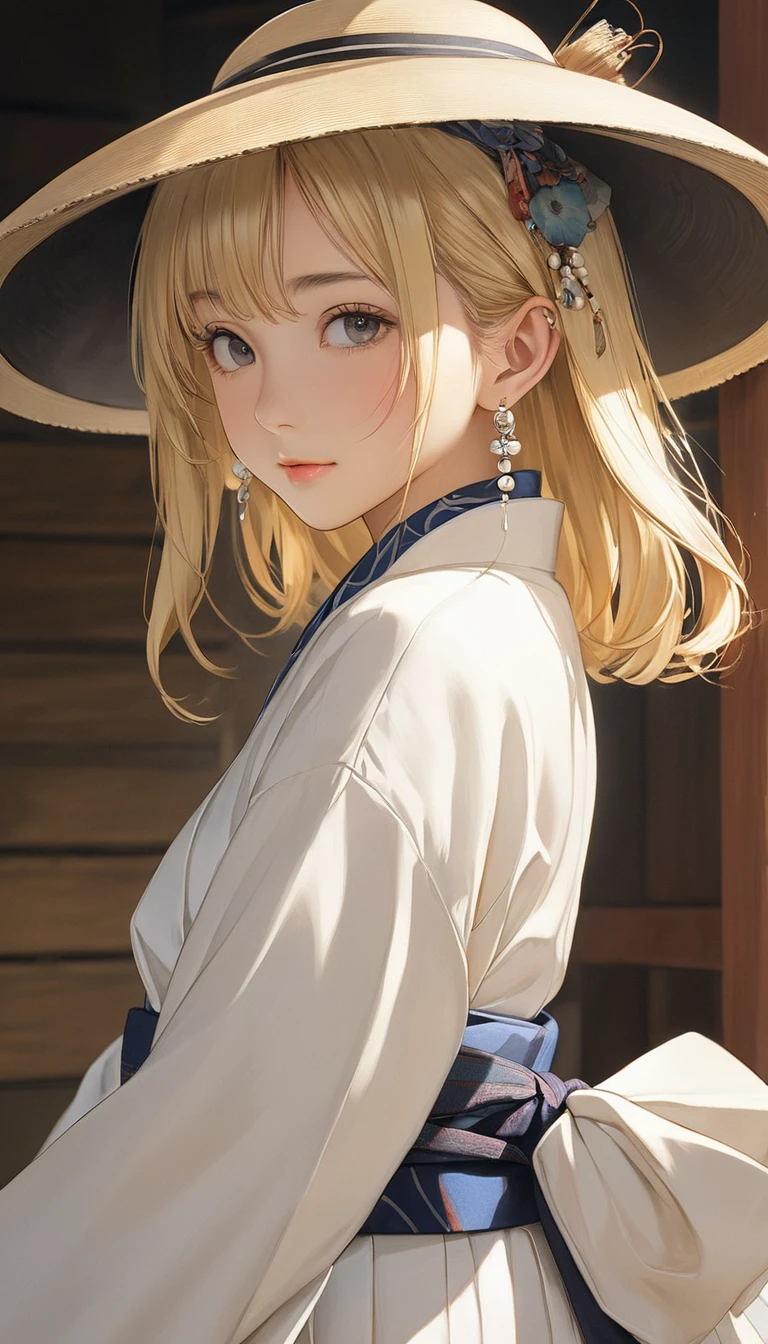 (masterpiece, Highest quality:1.2), One girl, alone,bony body、、hat、Earrings、Blonde、Taisho period