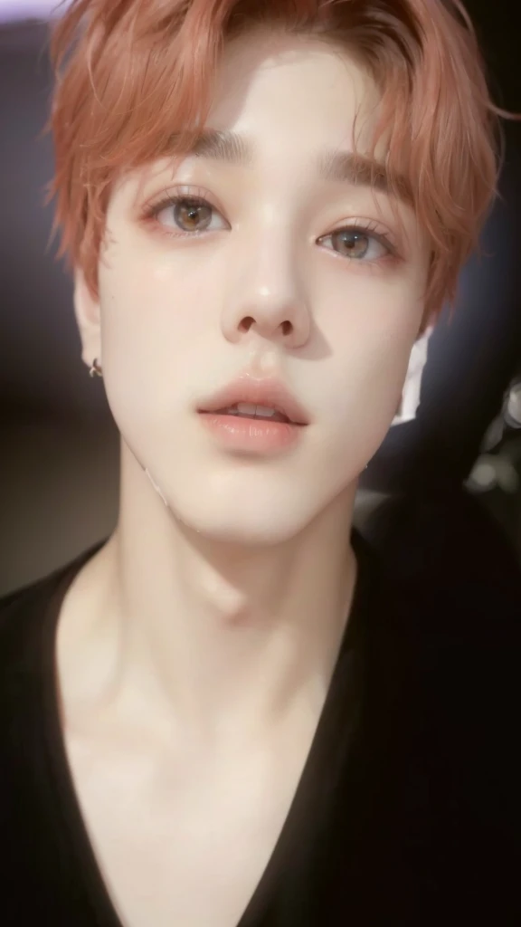 a close-up of a person with a black shirt and red hair, Jimin\fleshy lips, accurate Jimin face, Jimin\the right eyelid is swollen, Jimin\the Greek nose, park Jimin, Jimin, adorable and pale korean face, your eyes seem wise, Yoongi with black hair, Jungkook, drainage gang bladee, jung jaehyun