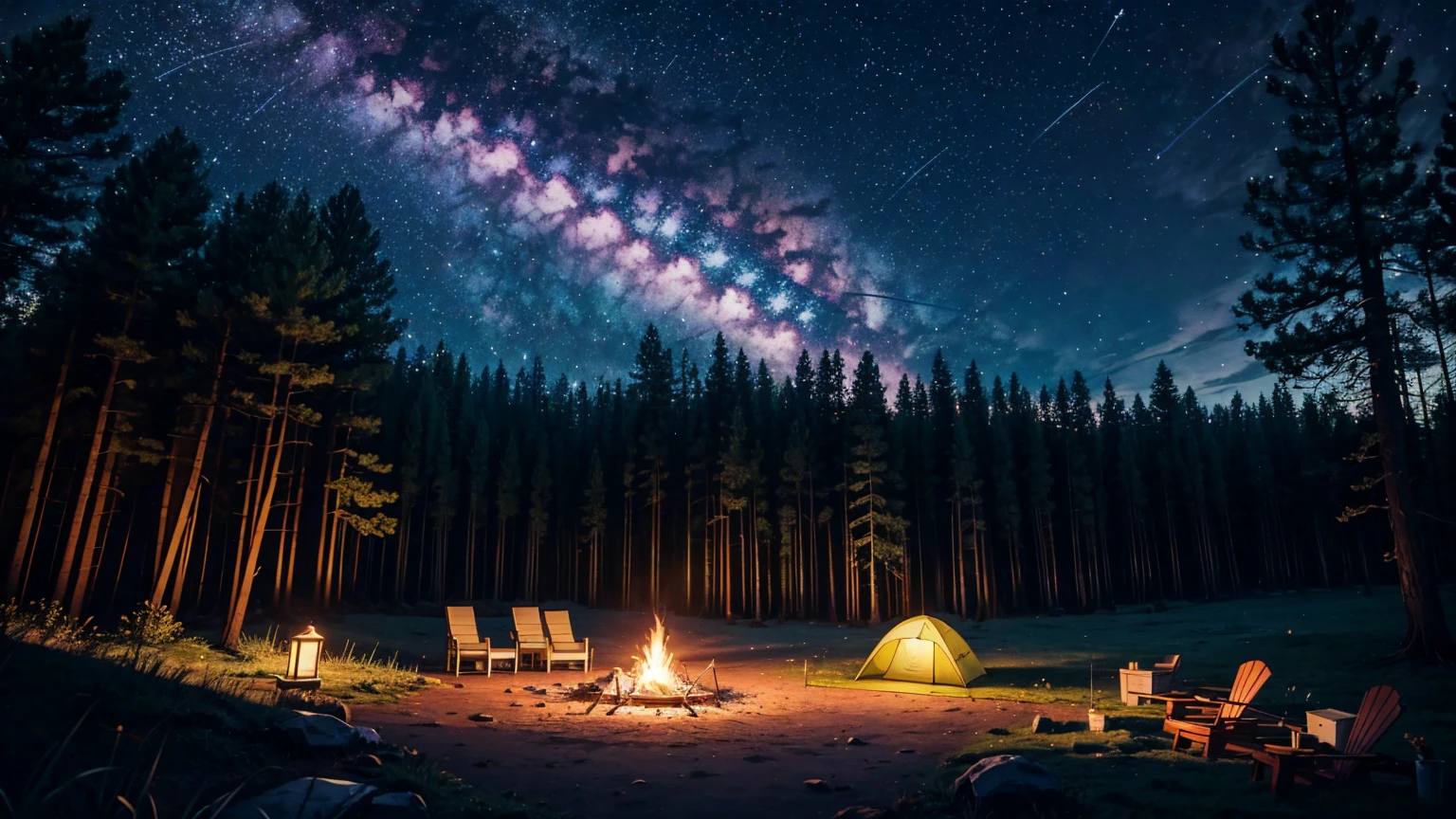 Nobody was there,Individual tent with fire pit and sun loungers,On a beautiful night,lying in the forest,There are stars in the sky